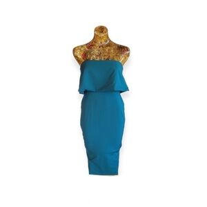 Lulus Teal Strapless Ruffle Overlay Bodycon Midi Cocktail Dress Small